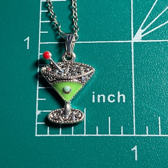 Martini Cocktail Drink Cup Glass Charm Necklace Pendant Green Enamel 18" Chain - Picture 8 of 9